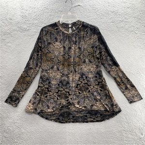 Free People Women Preppy Boho Mock Neck Key Hole Back Lace Sleeves Top Blouse M